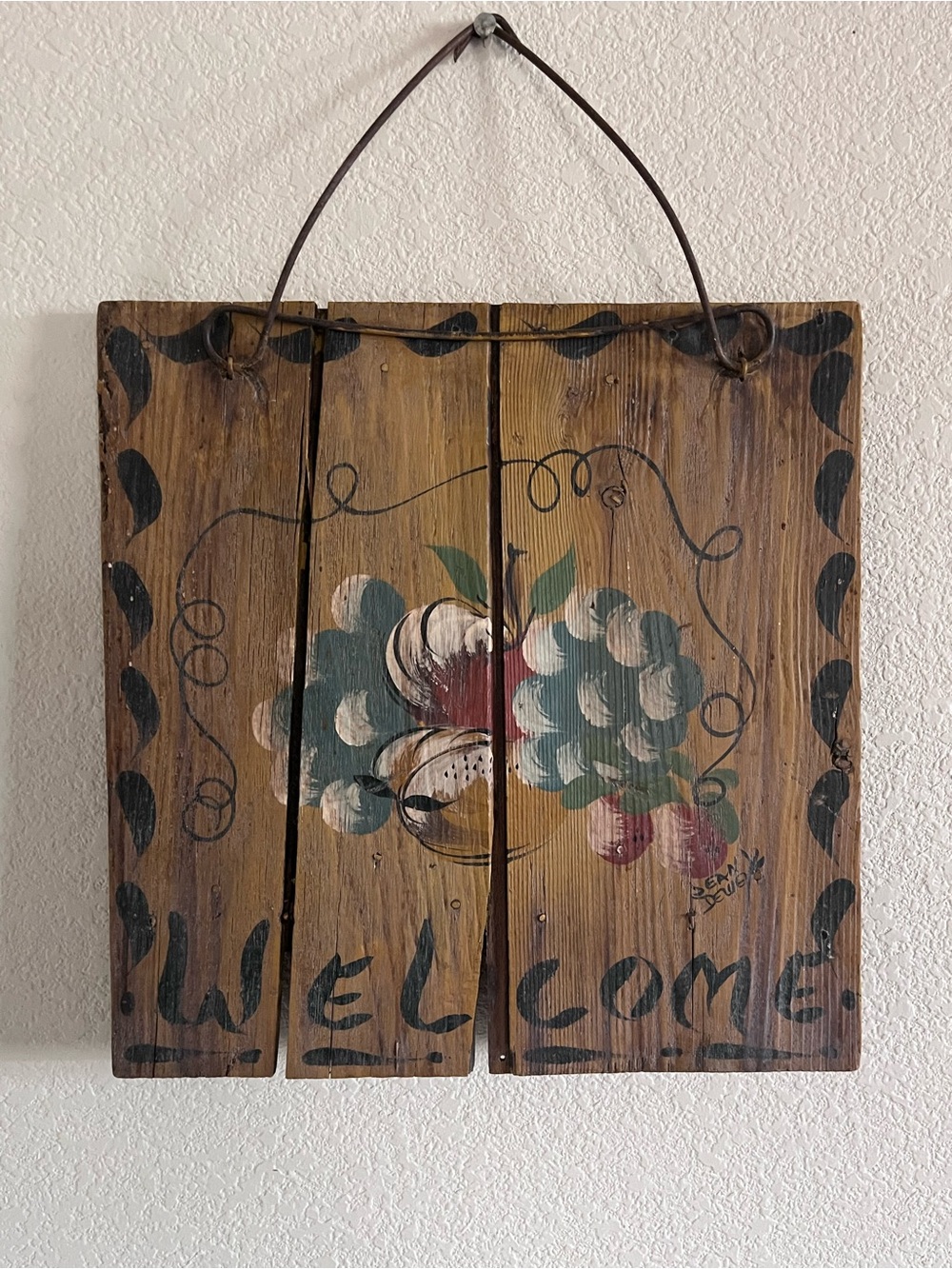 Rustic Welcome Wall Plaque in Brown with Painted Fruit 14”